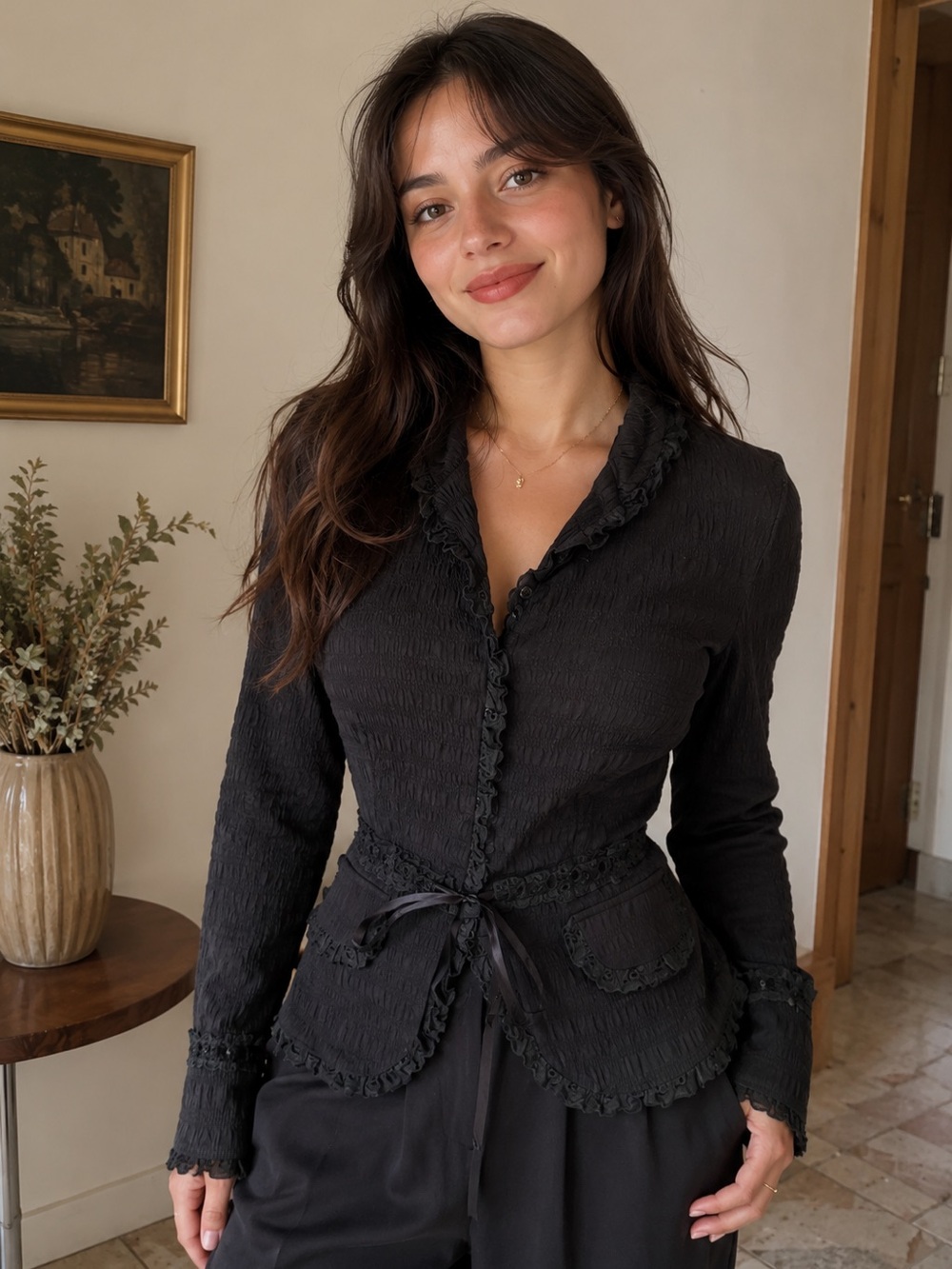 Black Ruffled Vintage Tie-Waist Textured Jacket